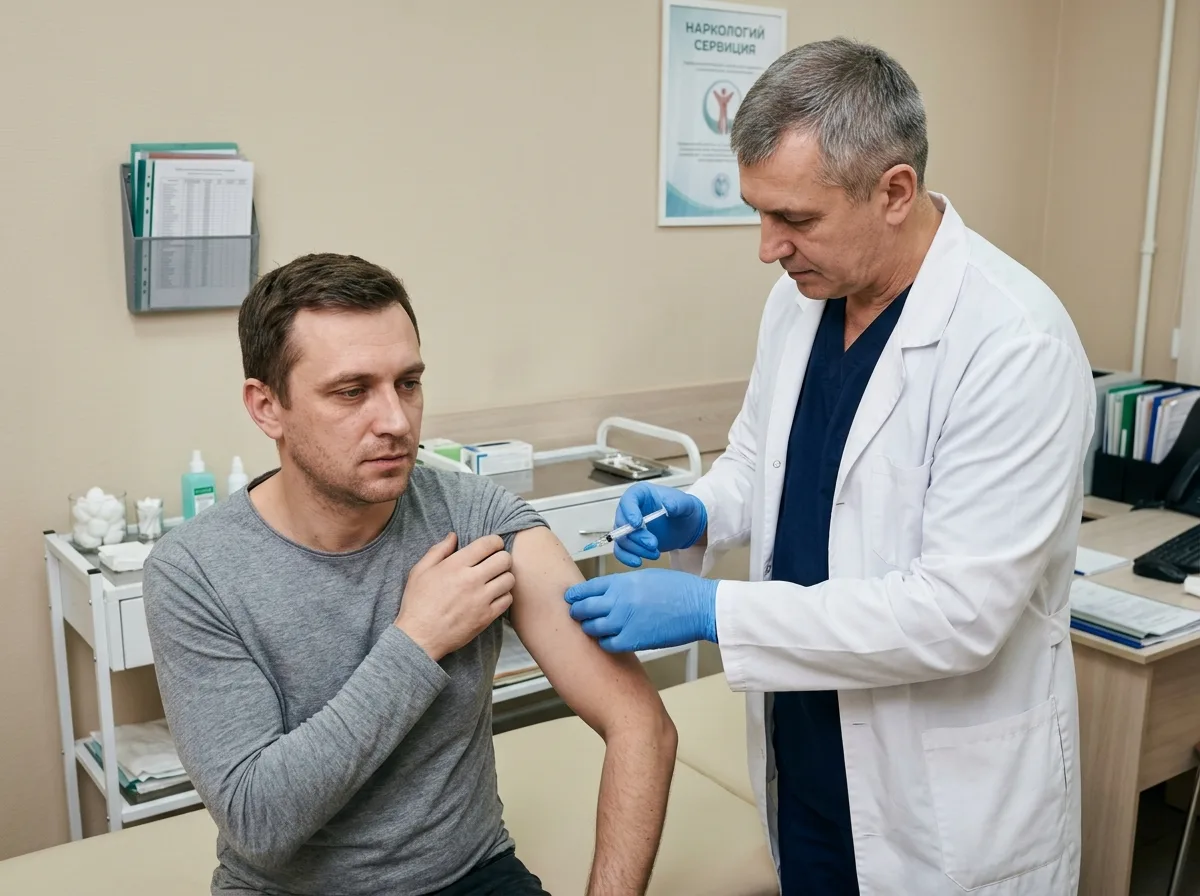 Врач-нарколог делает укол пациенту, медицинский кабинет, процедура кодирования от алкоголизма, профессиональная медицинская обстановка