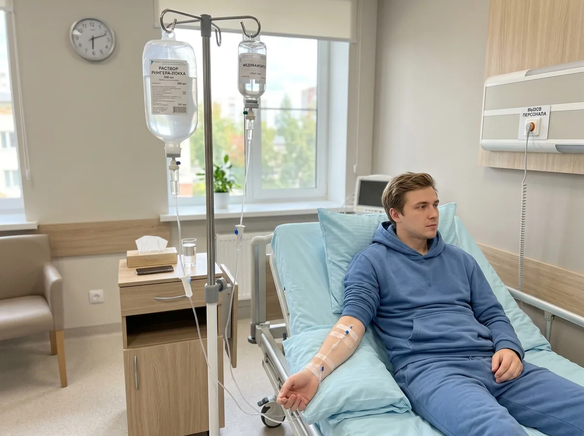 Медицинская капельница с прозрачным раствором, стационарная палата наркологической клиники, чистая современная обстановка