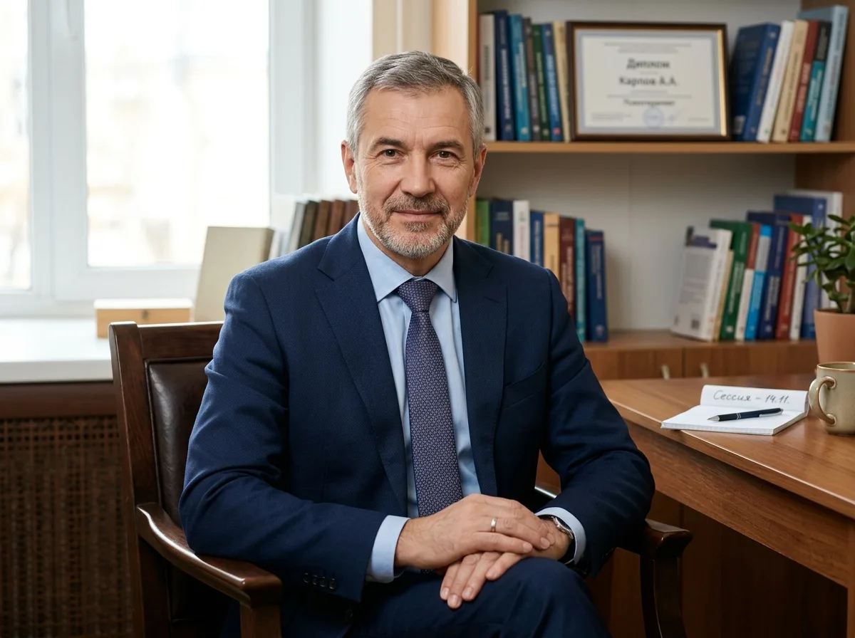 Портрет психотерапевта Карпова Андрея Алексеевича, мужчина в деловом пиджаке, внимательный взгляд, профессиональный портрет